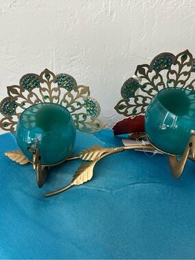 Teal Peacock T-Light Candle Holder - Decorative Diwali Accent